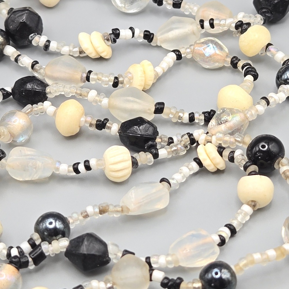 Vintage Set of Two Beaded Necklaces Black White Clear Iridescent Glass Stone 30"